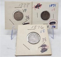 3 Different Date Seated Dimes F-VF