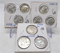 1934, (8) 1935 Dimes Unc.