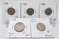 5 Buffalo Nickels w/1913 T.1 AU, 1913 T.2 VF