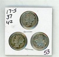 (3) Mercury Dimes - 17s 37 42