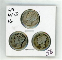 (3) Mercury Dimes - 44 41d 16