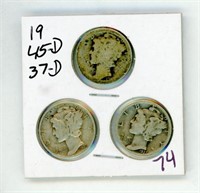 (3) Mercury Dimes - 19 45d 37d