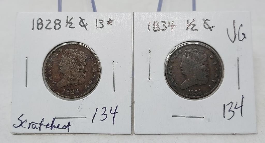 1828 Half Cent 13 Stars (Scratched); 1834 Half