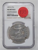 1874-S Trade Dollar NGC AU Details-Chopmarked