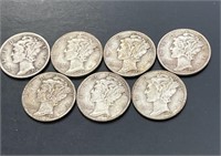 Lot of Seven Mercury Silver Dimes