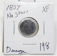1837 No Stars Half Dime XF-Damage