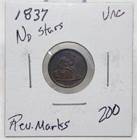 1837 No Stars Half Dime Unc.-Rev. Marks