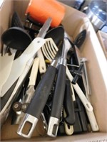Kitchen Utensils, Knives, Linens (2 boxes)
