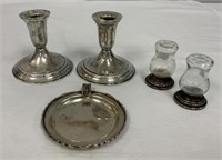 Sterling Candleholders, Ash Tray, and S&P Shakers