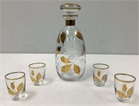 MCM Hand Blown Cut Glass Decanter, Four Cups