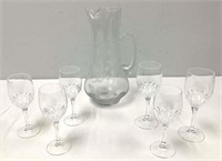 Hand Blown Glass Pitcher, Six Crystal Glasses