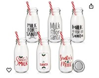 6 pc santa glass milk bottles