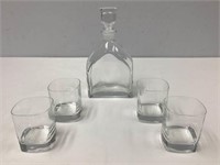Glass Decanter and Four Whiskey Glasses