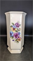 Vintage Hexagonal Ceramic Vase White w/ Flowers