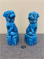 Vtg Pair Chinese Cermaic Turquoise Blue Foo Dogs