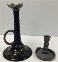 Two Signed Pottery Candle Holders