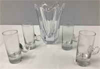 Signed Orrefors Vase, Four Crystal Mugs