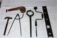 Antique Tools/Bent Wing Dividers/Hand Drill/Level