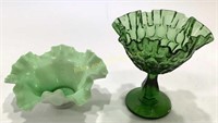 Ruffled Green Milk Glass Bowl &Green Pedestal Dish