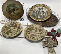 Decorative Plates,Tray, & 3 Metal& Plaster Crosses