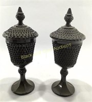 (2) Indiana Black Glass Apothecary Jars w/ Lids
