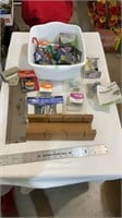Plastic tote with Miter box, hand saw, various