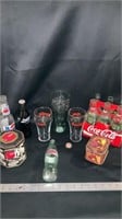Coca Cola bottles, glasss, tins, cap,