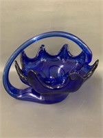 Cobalt blue blown art glass abstract basket /