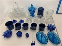 Group blue glass candy dish, graniteware, cobalt,