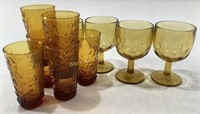 (10) Vintage Textured Amber Honey Glasses & Cups