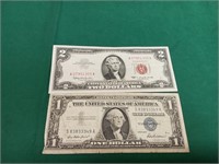 1963 $2 note and 1957 $1 note