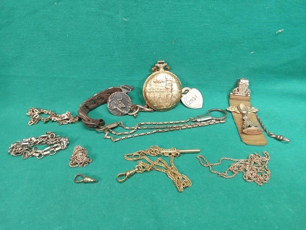 Antique watch chains and pocket watches fobs