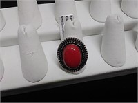 Red Coral German Silver Ring Size 9