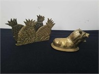 Small brass lion, and pineapple napkin holder