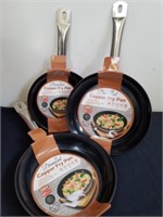 Three new copper frying pans 9.5 and 8 in