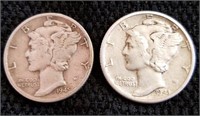 Two Silver Mercury dimes 1943 d, 1945s