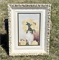 Vintage Embroidery Framed Floral Art 27x20