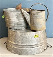 2 Round Galvanized Tubs & Watering Can as-is