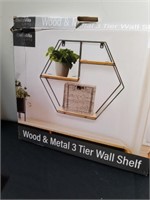 New in box wood and metal three tier wall shelf
