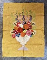 Vintage Embroidery Finished Crewel Floral Art -
