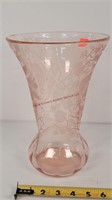 Peacock Design Pink Depression Vase 10"