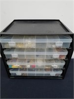 Plastic organizer with crafting items and buttons
