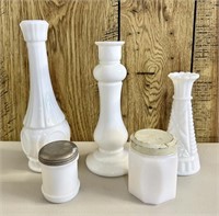 Mixed Vintage Milk Glass Lot with Vases & Lidded