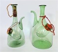 Two Vintage Green Glass Wine Carafe Decanters