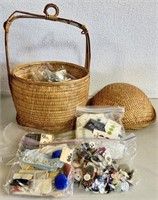 Vintage Sewing Supplies & Buttons w/ Woven Basket