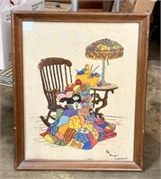 Vintage Framed Embroidery Crewel Art - HAS WEAR