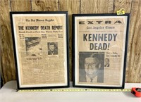 Two Vintage Framed Kennedy Newspapers