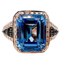 LeVian Blue Topaz & Diamond Halo Ring 14k RG
