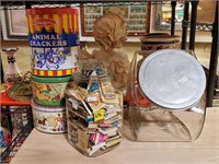 Tin Cans, Jar w/ Match Books, Antique Jar Lot