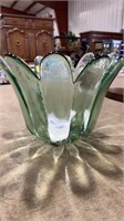 HAND BLOWN GREEN TINTED FLOWER PEARL BOWL